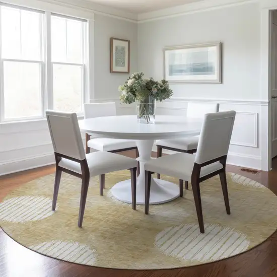 8' Gold Gray And Ivory Round Geometric Washable Indoor Outdoor Area Rug Photo 7