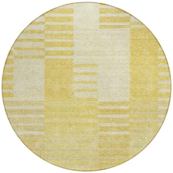 8' Gold Wheat And Ivory Round Striped Washable Indoor Outdoor Area Rug Photo 5