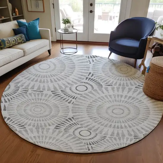 8' Gray And Dark Gray Round Geometric Washable Indoor Outdoor Area Rug Photo 8