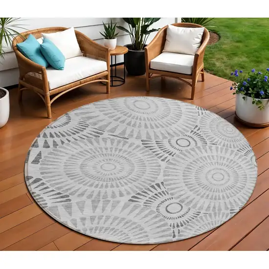 8' Gray And Dark Gray Round Geometric Washable Indoor Outdoor Area Rug Photo 1