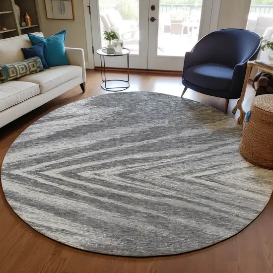 8' Gray And Ivory Round Abstract Washable Indoor Outdoor Area Rug Photo 7