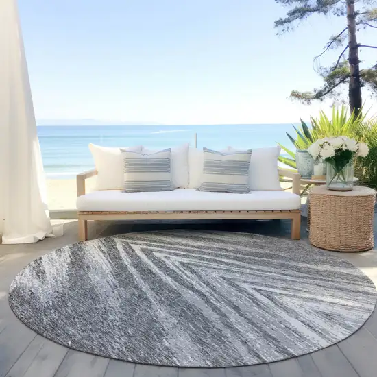 8' Gray And Ivory Round Abstract Washable Indoor Outdoor Area Rug Photo 6