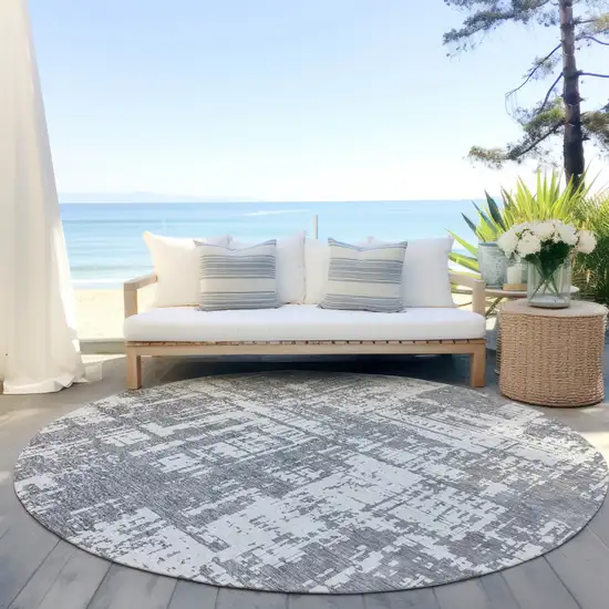 8' Gray And Ivory Round Abstract Washable Indoor Outdoor Area Rug Photo 6