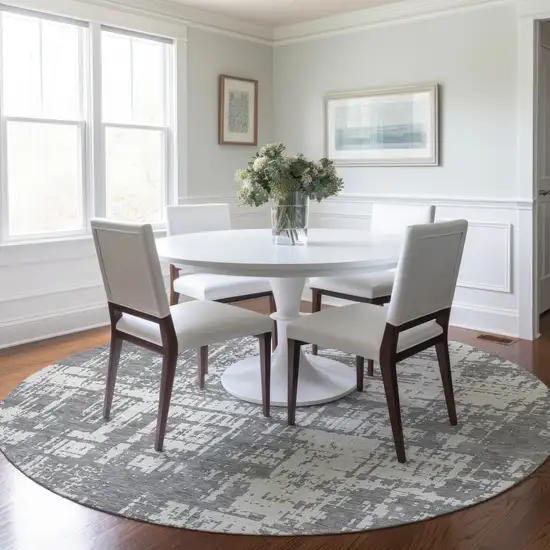 8' Gray And Ivory Round Abstract Washable Indoor Outdoor Area Rug Photo 7