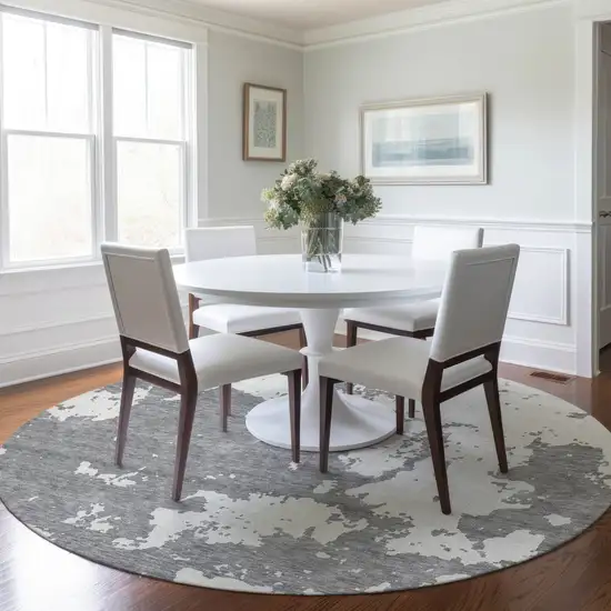 8' Gray And Ivory Round Abstract Washable Indoor Outdoor Area Rug Photo 7