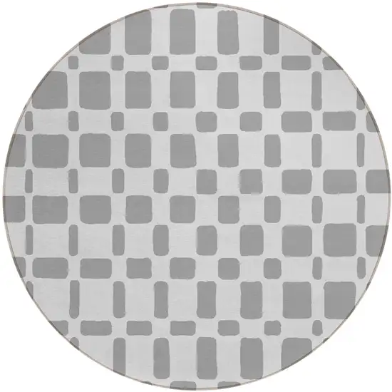 8' Gray And Ivory Round Geometric Washable Indoor Outdoor Area Rug Photo 2