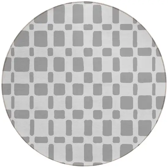 8' Gray And Ivory Round Geometric Washable Indoor Outdoor Area Rug Photo 5