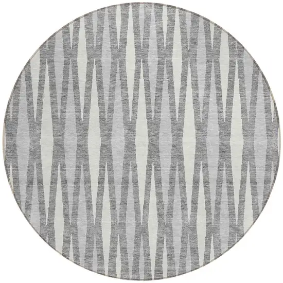 8' Gray And Ivory Round Geometric Washable Indoor Outdoor Area Rug Photo 5