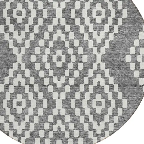 8' Gray And Ivory Round Geometric Washable Indoor Outdoor Area Rug Photo 5