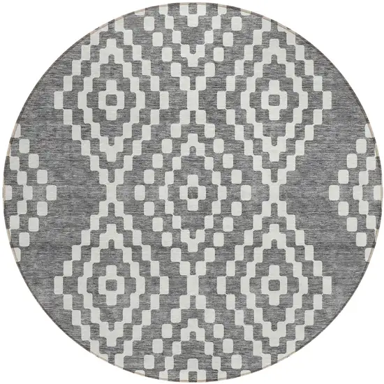 8' Gray And Ivory Round Geometric Washable Indoor Outdoor Area Rug Photo 2