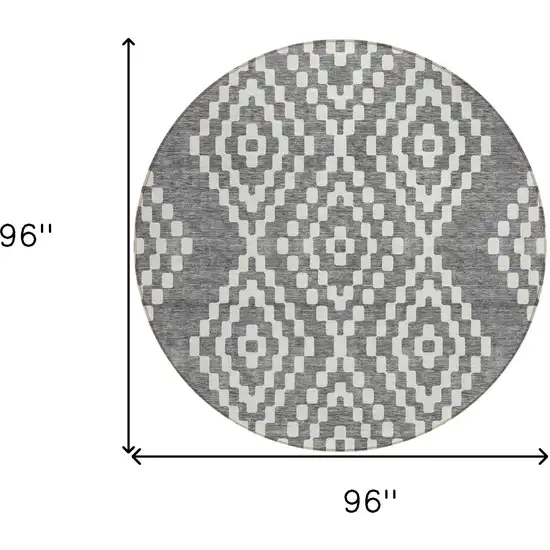 8' Gray And Ivory Round Geometric Washable Indoor Outdoor Area Rug Photo 3