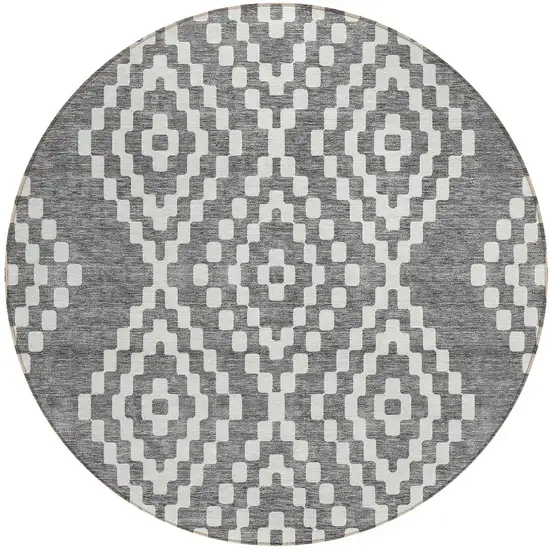 8' Gray And Ivory Round Geometric Washable Indoor Outdoor Area Rug Photo 6