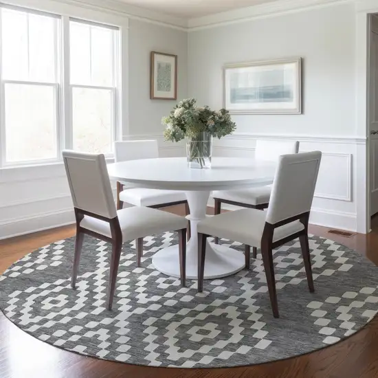 8' Gray And Ivory Round Geometric Washable Indoor Outdoor Area Rug Photo 8