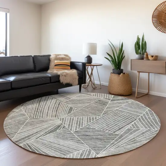 8' Gray And Ivory Round Geometric Washable Indoor Outdoor Area Rug Photo 8