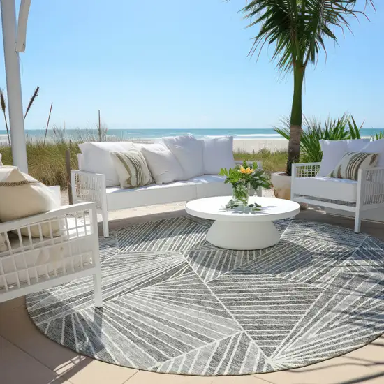 8' Gray And Ivory Round Geometric Washable Indoor Outdoor Area Rug Photo 7