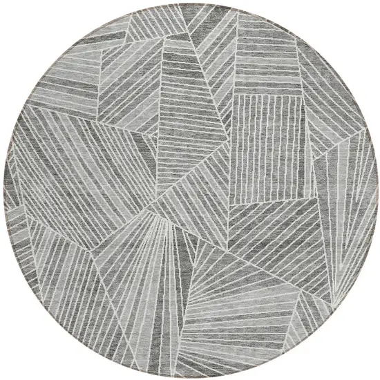 8' Gray And Ivory Round Geometric Washable Indoor Outdoor Area Rug Photo 6