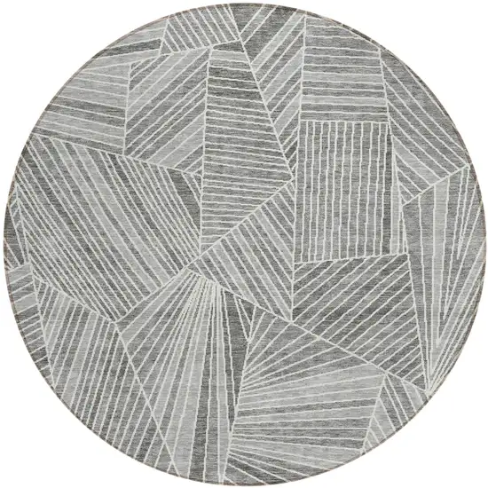 8' Gray And Ivory Round Geometric Washable Indoor Outdoor Area Rug Photo 2