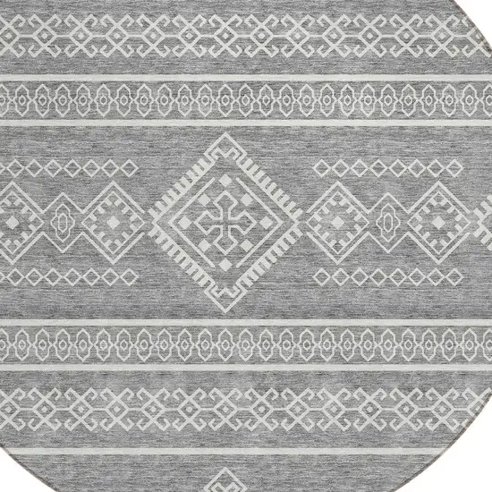 8' Gray And Ivory Round Southwestern Washable Indoor Outdoor Area Rug Photo 4