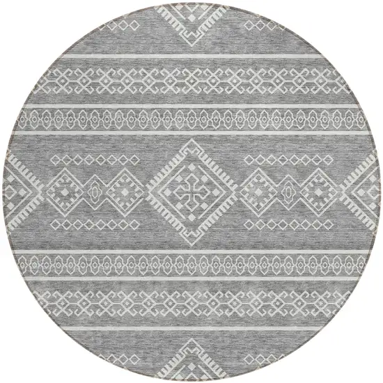 8' Gray And Ivory Round Southwestern Washable Indoor Outdoor Area Rug Photo 2