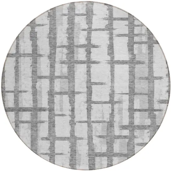 8' Gray And Ivory Round Striped Washable Indoor Outdoor Area Rug Photo 2