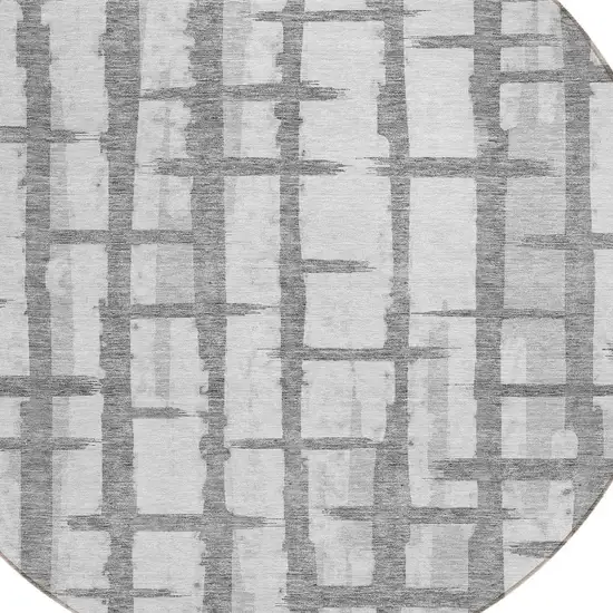 8' Gray And Ivory Round Striped Washable Indoor Outdoor Area Rug Photo 4
