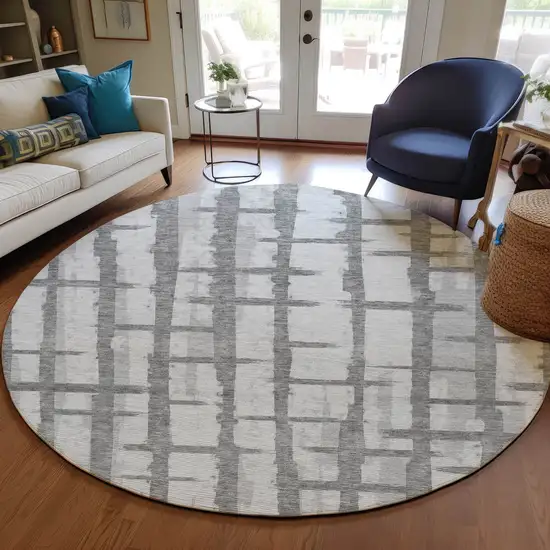 8' Gray And Ivory Round Striped Washable Indoor Outdoor Area Rug Photo 7