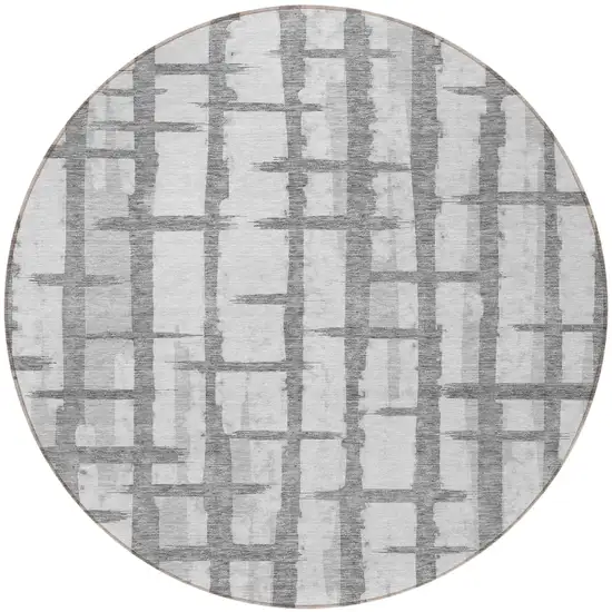 8' Gray And Ivory Round Striped Washable Indoor Outdoor Area Rug Photo 5