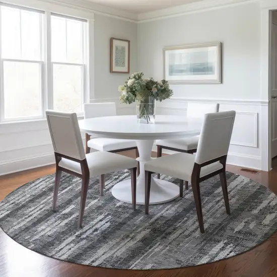 8' Gray And Ivory Round Striped Washable Indoor Outdoor Area Rug Photo 7
