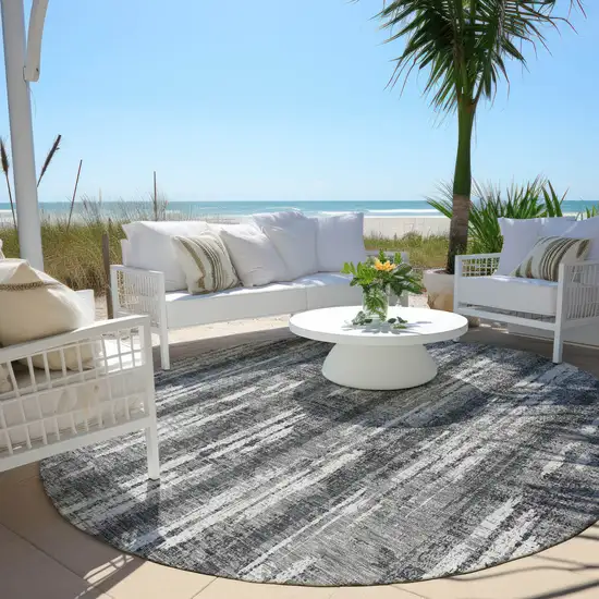 8' Gray And Ivory Round Striped Washable Indoor Outdoor Area Rug Photo 6