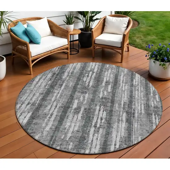 8' Gray And Ivory Round Striped Washable Indoor Outdoor Area Rug Photo 1