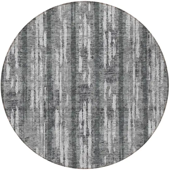 8' Gray And Ivory Round Striped Washable Indoor Outdoor Area Rug Photo 5