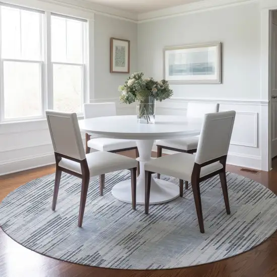 8' Gray And Ivory Round Striped Washable Indoor Outdoor Area Rug Photo 7