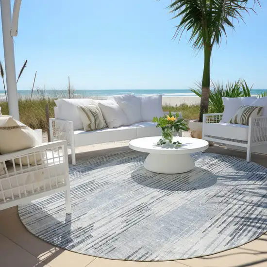 8' Gray And Ivory Round Striped Washable Indoor Outdoor Area Rug Photo 6