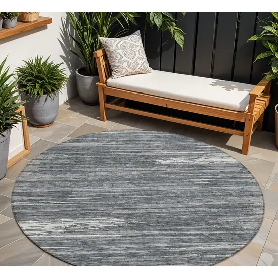 8' Gray And Ivory Round Striped Washable Indoor Outdoor Area Rug Photo 1