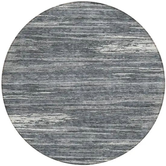 8' Gray And Ivory Round Striped Washable Indoor Outdoor Area Rug Photo 5