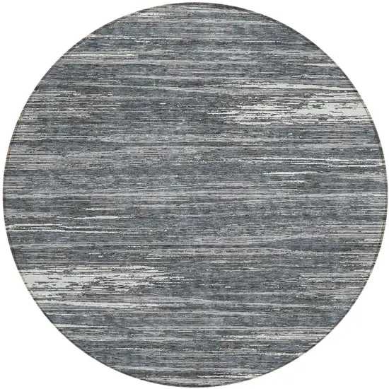 8' Gray And Ivory Round Striped Washable Indoor Outdoor Area Rug Photo 2