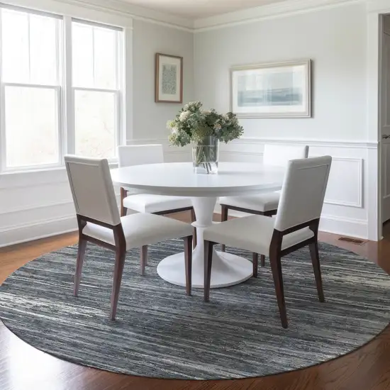 8' Gray And Ivory Round Striped Washable Indoor Outdoor Area Rug Photo 7
