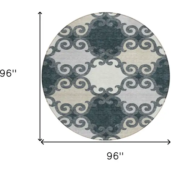 8' Gray And Ivory Round Trellis Washable Indoor Outdoor Area Rug Photo 3