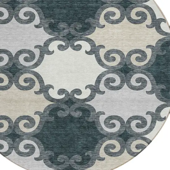 8' Gray And Ivory Round Trellis Washable Indoor Outdoor Area Rug Photo 4