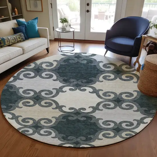 8' Gray And Ivory Round Trellis Washable Indoor Outdoor Area Rug Photo 7