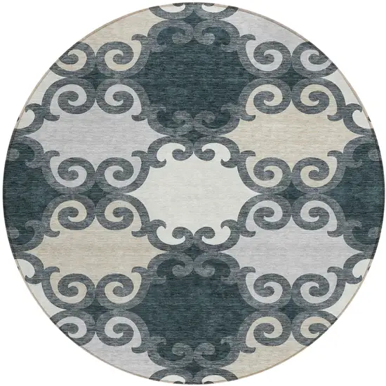 8' Gray And Ivory Round Trellis Washable Indoor Outdoor Area Rug Photo 2