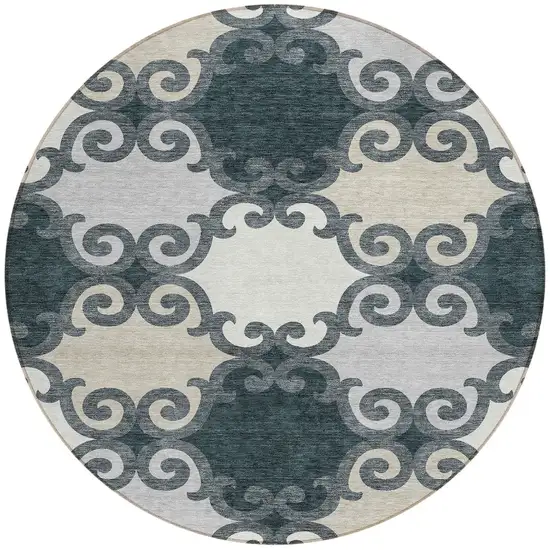 8' Gray And Ivory Round Trellis Washable Indoor Outdoor Area Rug Photo 5
