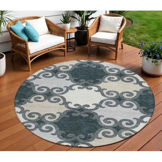 8' Gray And Ivory Round Trellis Washable Indoor Outdoor Area Rug Photo 1