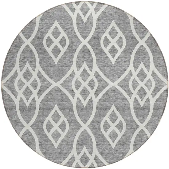 8' Gray And Ivory Round Trellis Washable Indoor Outdoor Area Rug Photo 2