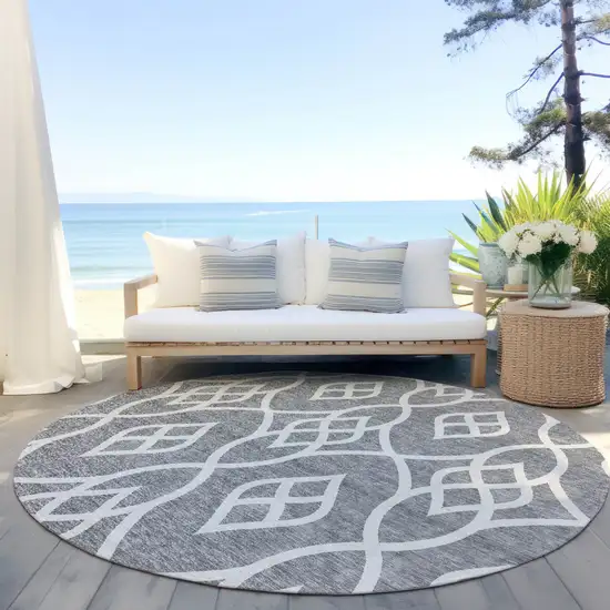 8' Gray And Ivory Round Trellis Washable Indoor Outdoor Area Rug Photo 6