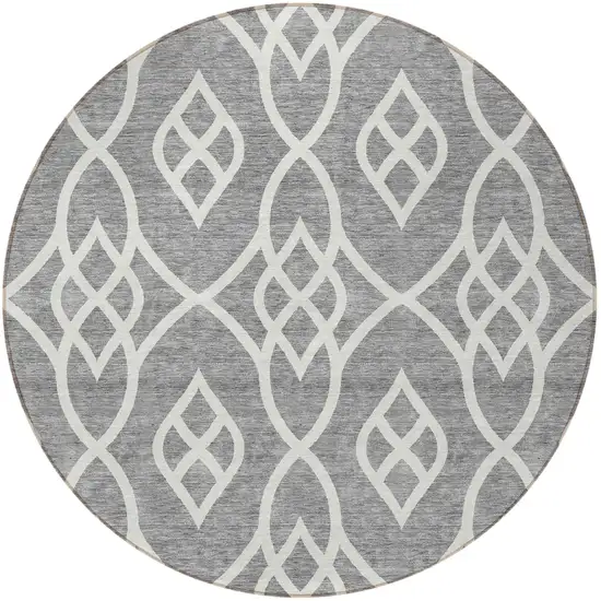 8' Gray And Ivory Round Trellis Washable Indoor Outdoor Area Rug Photo 5