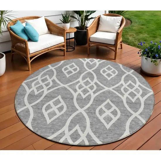 8' Gray And Ivory Round Trellis Washable Indoor Outdoor Area Rug Photo 1