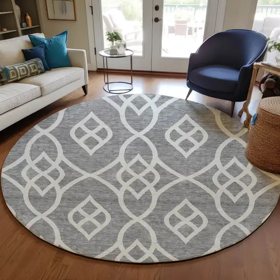 8' Gray And Ivory Round Trellis Washable Indoor Outdoor Area Rug Photo 7