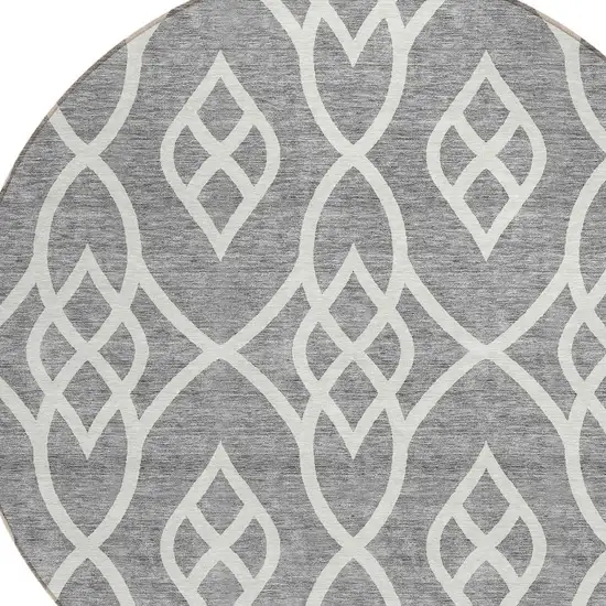 8' Gray And Ivory Round Trellis Washable Indoor Outdoor Area Rug Photo 4