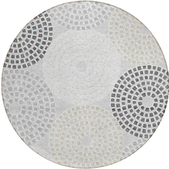 8' Gray And Taupe Round Geometric Washable Indoor Outdoor Area Rug Photo 5